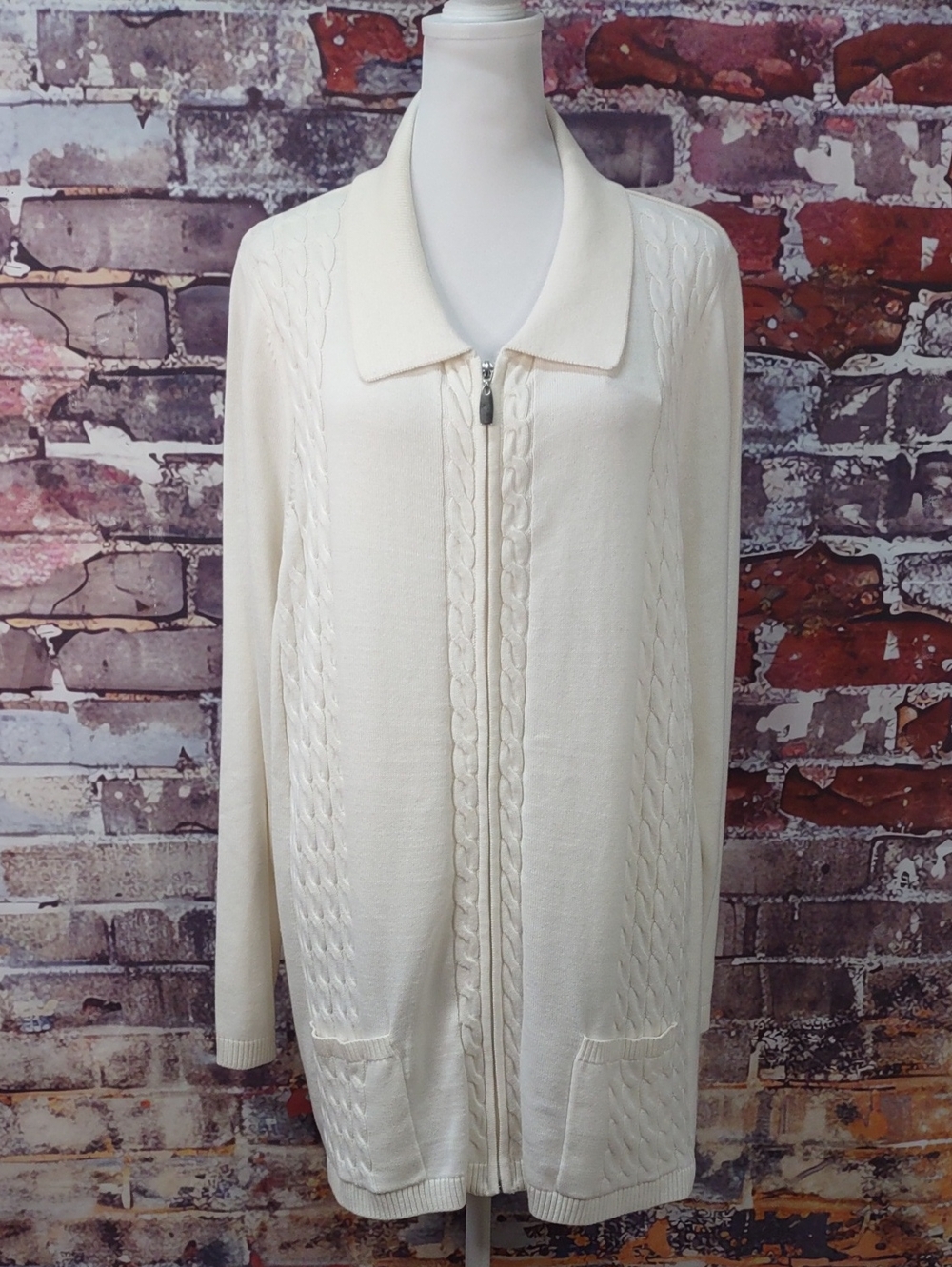 Allison Daley Cream Zip-Front Cable Knit Cardigan